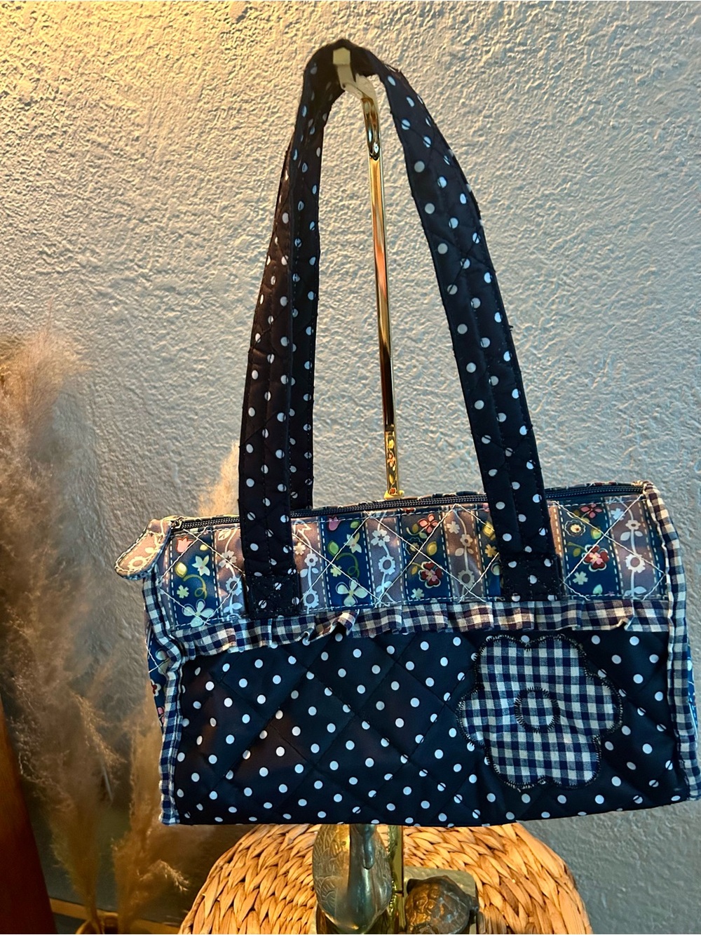VTG Quilted Patchwork Tote Bag Blue Floral Gingham Polka Dot Cottagecore Purse